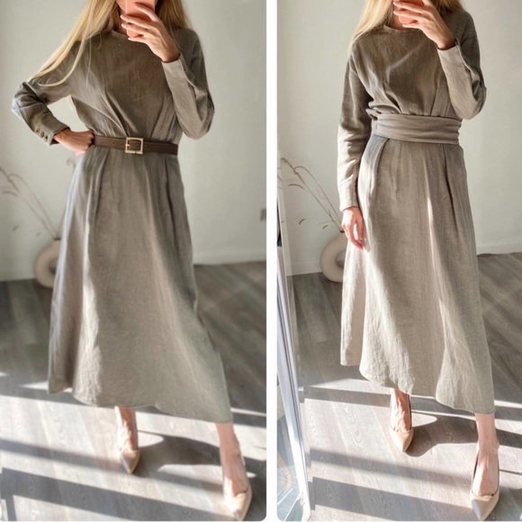 ZARA Linen Blend Midi Dress with Tie Belt - Picture 4 of 5